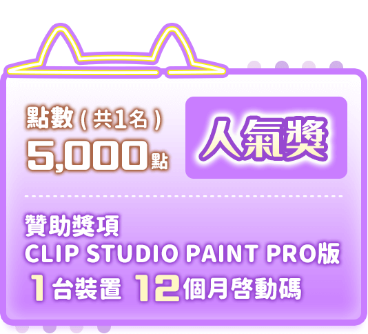 人氣獎：共1名，點數5,000點＋贊助獎項CLIP STUDIO PAINT PRO版 1台裝置 12個月啟動碼