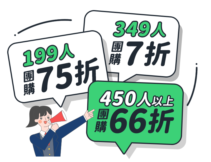 199人團購 75折，349人團購 7折，450人以上 66折