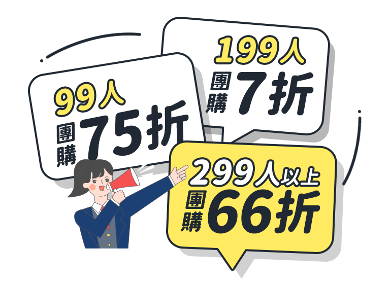 99人團購 75折，199人團購 7折，299人以上 66折