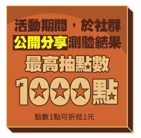 活動期間，於社群公開分享戰績，最高就抽點數1000點（點數1點可折抵1元）