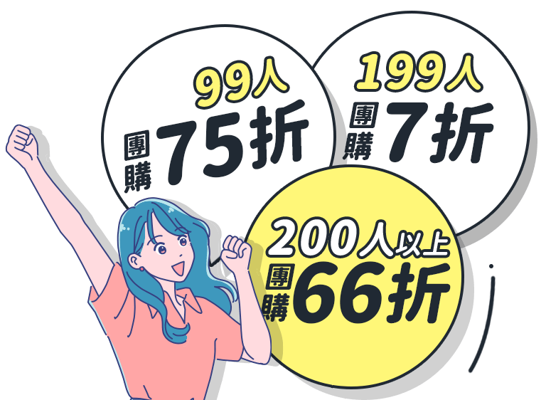 99人團購 75折，199人團購 7折，200人以上 66折