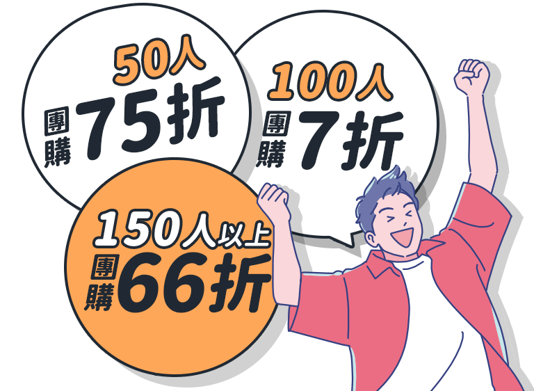 50人團購 75折，100人團購 7折，150人以上 66折