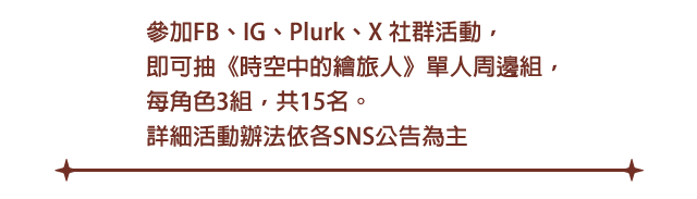 參加FB、IG、Plurk、X 社群活動，即可抽《時空中的繪旅人》角色周邊組，每角色3組，共15名。