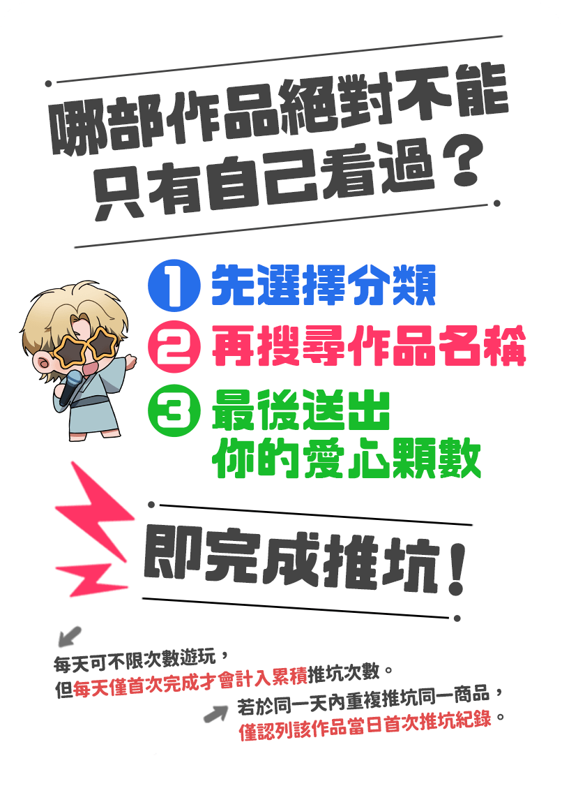 哪部作品絕對不能只有自己看過？先選擇分類再搜尋作品名稱，最後送出你的愛心顆數，即完成推坑！每天可不限次數遊玩，但每天僅首次完成才會計入累積推坑次數。若同一商品於同一天內在同一類別被重複推坑，僅認列首次推坑紀錄。
